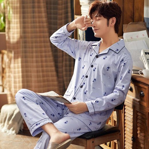 美姬安妮长袖纯棉睡衣男春秋季中老年人爸爸加肥加大码家居服肥佬秋款套装 15696 XXL（160-180斤）