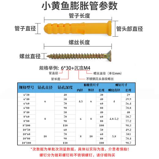 Jinggong (JINGGONG) M6M8M10 small yellow croaker nylon plastic expansion tube lengthened expansion screw bolt nail expansion tube expansion nail M6*80 (50 pcs/pack) color zinc