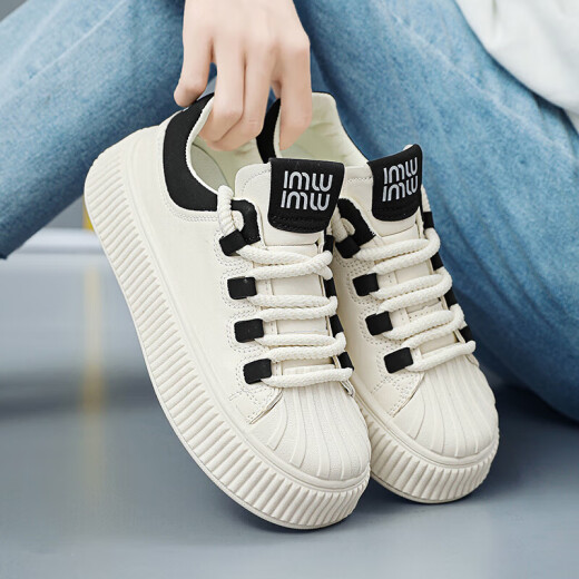 Pull back to the Four Seasons 2024 latest Internet celebrity popular casual shoes for women, genuine leather white shoes, spring sports versatile casual women's shoes, bear taller and slimmer, not tired after standing for a long time, beige 35