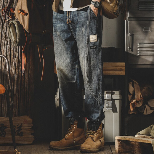
Post-exploration American Harem jeans men's loose 2023 autumn and winter casual pants men's trendy splicing tying pants men's black regular style 4XL (200-220Jin [Jin equals 0.5 kg])