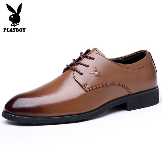 Playboy leather shoes men's business formal wear rest spring top layer cowhide groom fashion men's shoes men's leather shoes 1591 brown 38