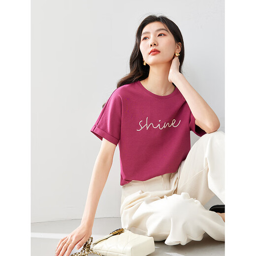 Vanciman Simple Commouting Round Cou T-shirt à manches courtes pour les femmes 2025 Nouvelle lettre lâche décontractée imprimé Top M7031 Rose profonde Red S