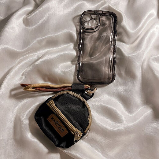 画极秋冬感棕色收纳零钱包卡包可爱笑脸带手提绳挂绳短款撞色女款 黑色背包收纳零钱包