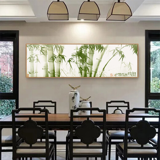 OUOETY新中式竹子挂画横版客厅餐厅绿植装饰画原木风主卧室床头竹报平安 C翠竹图 12035cmx优雅黑PS框画