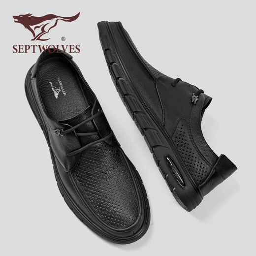 Shoes de cuero casual de siete lobo zapatos para hombres Summer NUEVO estilo Avalte Bollow Bollow Sode Mesh Mesh Caza sin deslizamiento Ligeros Ligeros zapatos casuales Men's Black [Tamaño de zapato de cuero estándar] 41