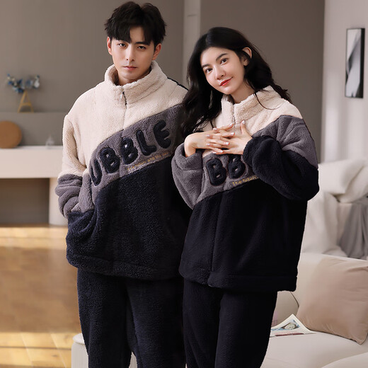 Yalu Zipper Stand-up-Kragenpaar Korallenletter Pyjamas für Frauen, verdickte und warme Heimkleidung für Männer im Herbst und Winter, modische Außenbeschäftigung 02l8802 Frauen/ 02l9902 Männer xxl Frauen