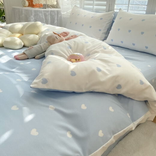 Chongyou thickened quilt set quilt core + four-piece set + pillow core full set single and double mattress autumn and winter dormitory six-piece set [quilt set] love blue single quilt core 1.5*2.0m2Jin [Jin equals 0.5 kg] [six-piece set]