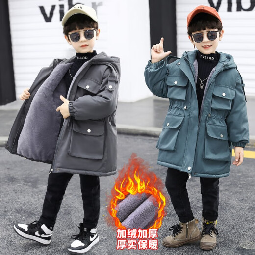 [Thick Velvet] Children's Clothes Boys' Cotton Clothes Children's Jackets 2022 Boys' Winter Cotton Clothes Mid-Length Windbreaker Parka Cotton Clothes Blue 130 Size Recommended Height 120CM