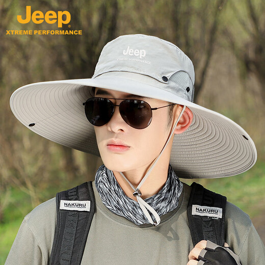 JEEP Jeep hat men's summer sun protection fishing outdoor sun protection UV men's large brim sunshade fisherman hat dark gray one size adjustable