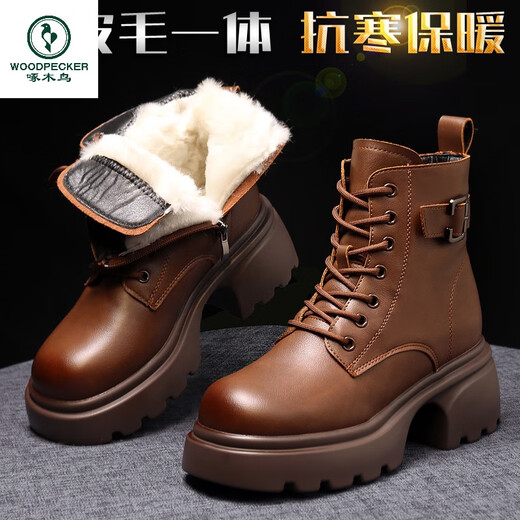 Specht mit echten Lederwolle Martinstiefel für Frauen 2024 neue Winter Baumwollstiefel Fell integrierte Baumwollschuhe plus samtige Dicke Sohle Schneestiefel Schwarz Pure Woll Inner 36
