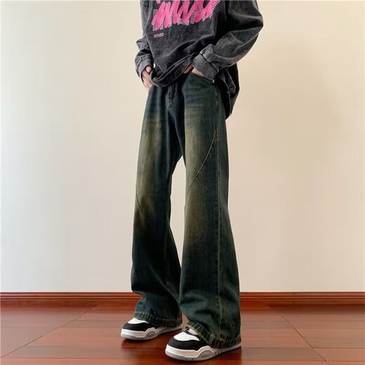 迪伽达 牛仔裤男士夏季修身微喇直筒裤美式高街潮牌复古休闲长裤子男 DFFS-736蓝色 L