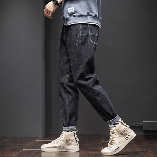 Jeans men's spring and summer new elastic straight-leg pants loose trendy brand Harren casual trousers 6621 black 38
