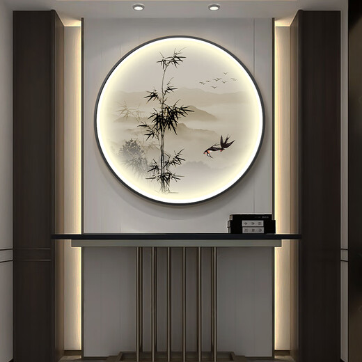 Paidan Xianmeng New Chinese Style Decorative Painting Round Luminous Painting Entry Hall Living Room Painting Landscape Painting Zen Tea Room Hanging Painting Ink Painting Spring Swallow Ink Bamboo - Aluminum Alloy Black Frame/Crystalline Porcelain Surface Diameter 50cm - No Light Style