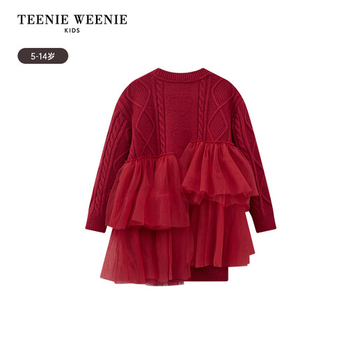 Teenie Weenie Kids 25 Years New Year Girls Sweet Splicing Mesh Woolen Skirt Red 150cm