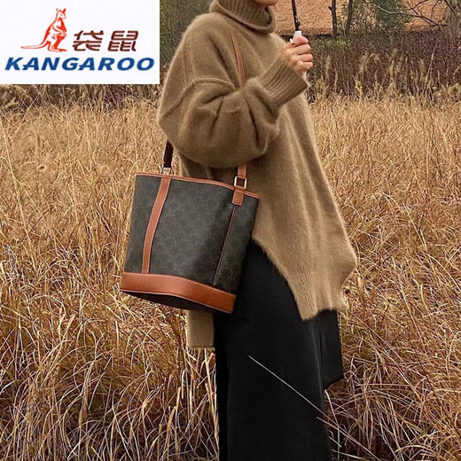 袋鼠（KANGAROO）轻奢品牌包包女2025夏季新款感单肩斜挎包大容量老花复古水桶包 老花棕小号