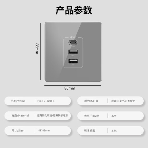 国际电工86型USB插座面板暗装墙壁手机智能充电多口Type-c插座20W快充家用 白色双USB+Type-C【快充20W】