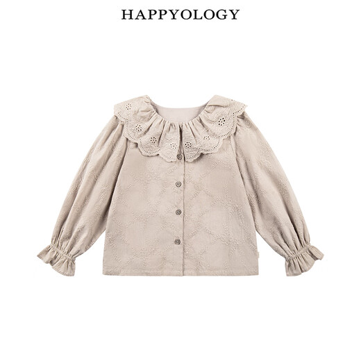 Happyology British children's tops girls embroidered shirt lapel spring and autumn embroidered long-sleeved shirt khaki 86 (86cm)