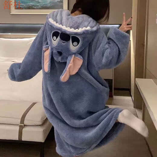 Shudu (SHUDU) Stilt cartoon couple internet celebrity style pajamas men and women autumn and winter coral velvet long nightgown for men plus velvet Stilt suit 2XL 175-190CM