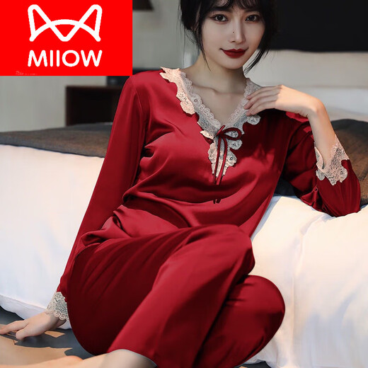 Cat Man (Miiow) Leichter Luxus-Pyjamas für Frauen in der Sommer-Langarmhose Zwei-teilige Heimkleidung Sexy Ice Seiden Frauen süße Heimkleidung Set Langarm 9856 Big Red Set 2xl [130 145jin [Jin gleich 0,5 kg]]]