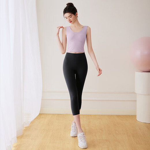 Cote Dilan brand yoga clothing suit for women in summer with chest pads, high-end Pilates training sports bra, tight and non-restraining, hyacinth purple vest + blue-gray cropped pants XL