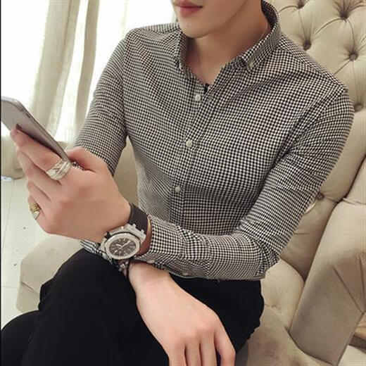MGJO flannel shirt men's plaid shirt men's long-sleeved 12 spring and autumn high-end inner wear Korean version trendy slim and handsome no-iron casual business shirt 9923 small grid black XL 130Jin Jin equal to 0.5 kg to wear