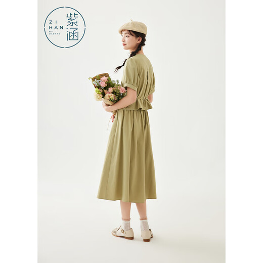 Zihan (ZIHAN) Zihan Forest Suit Women's Summer Literary Style Lapel Short-Sleeved Top A-Line Skirt Two-piece Set Matcha Green XS