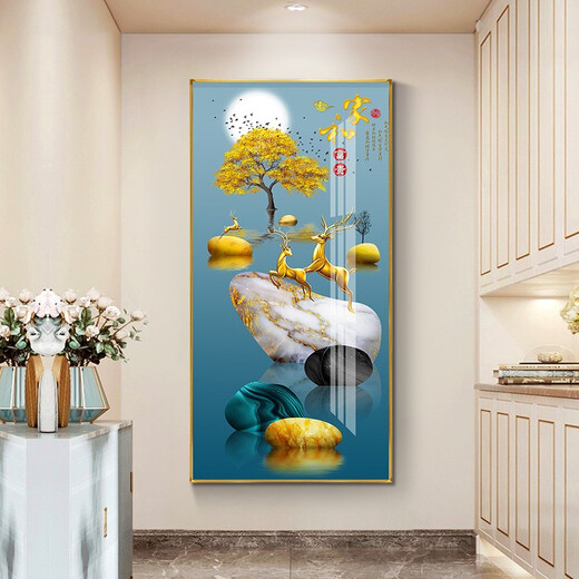 Xiao Lulin Light luxury entrance decoration painting New Chinese style entrance painting aisle corridor mural Nordic abstract elk hanging painting crystal porcelain painting 14088 Home and Fugui Crystal porcelain painting 90*180 cool black (customized size)