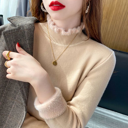 GTYUWVG加绒加厚打底衫女士秋春内搭年新款洋气保暖高领针织毛衣女 卡其色1098#一体(绒) S