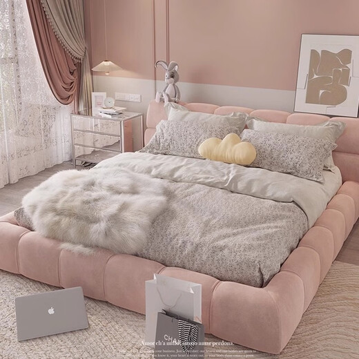 Yongtong bed cream style pink puff bed 2*2.2 meters double bed master bedroom queen bed wedding bed technology velvet bed storage bed puff bed upgraded 15 cm steel wood bed board 1.5*2 meters
