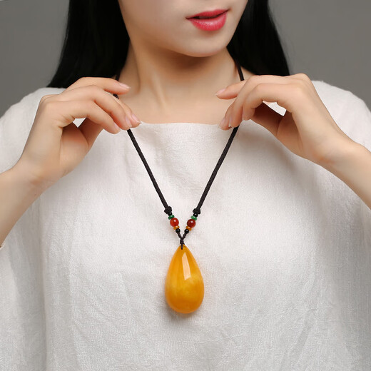 Qiongque Pavilion Beeswax Pendant Amber Raw Stone Chicken Fat Yellow Honey Water Drop Square Brand Blood Amber Sweater Necklace for Men and Women Beeswax Water Drop C Bead Chain Style