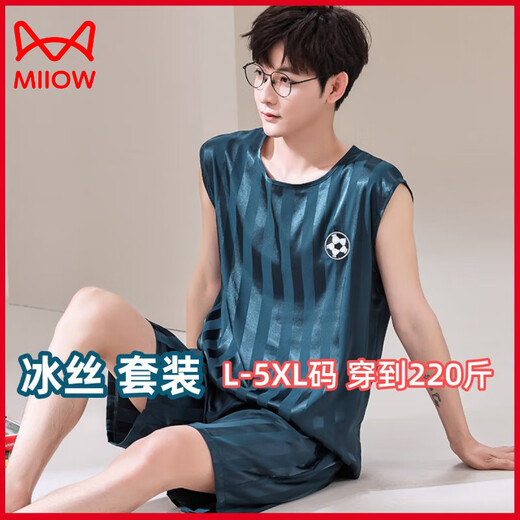猫人（MiiOW）大码睡衣男款背心无袖夏季凉感冰丝莫代尔青少年学生男士运动套装 【冰丝无袖套装】 Q9901 5XL 男【200-220斤】