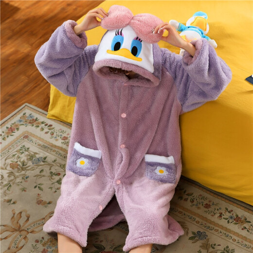 Tessgus Pajamas Women's Autumn and Winter Cartoon Cute Long Coral Velvet Extra Thickened Nightgown Girl Student Flannel Hooded Home Clothes Set Purple Duck Suit L