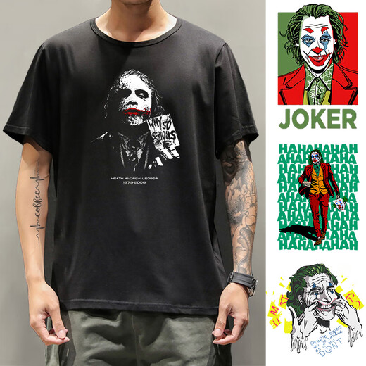 Вставая на футболку Lihong Heath Ledger Joker с короткими рукавами Joker Co-Brened Dark Knight Batman одежда в фильме «Периферийный принт» F691 Black Clown F691 Black Clown XS (75-95JIN [JIN равно 0,5 кг]))