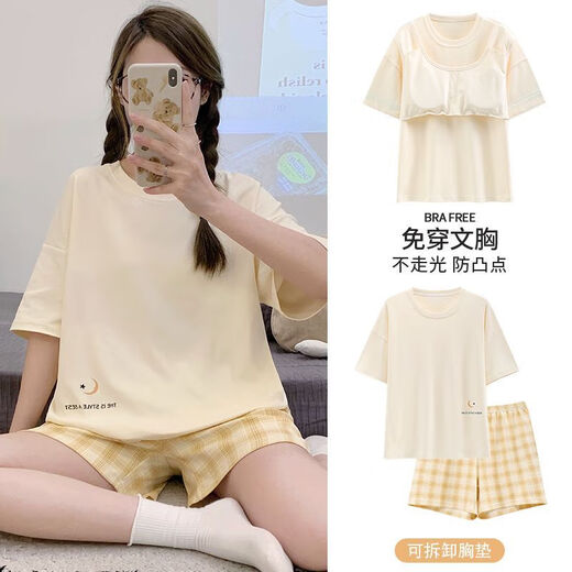 曼之伴纯棉睡衣女夏季带胸垫套头短袖短裤新款韩版学生宿舍可外穿家居服 01M-6210 M 【建议80-100斤】