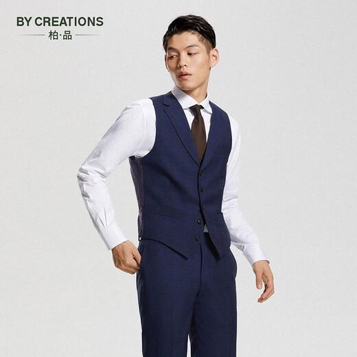 By Creations 100% Merino Pure Wool Plaid Vest Men's Business Slim Gentleman Suit with Vest, Navy Plaid 52