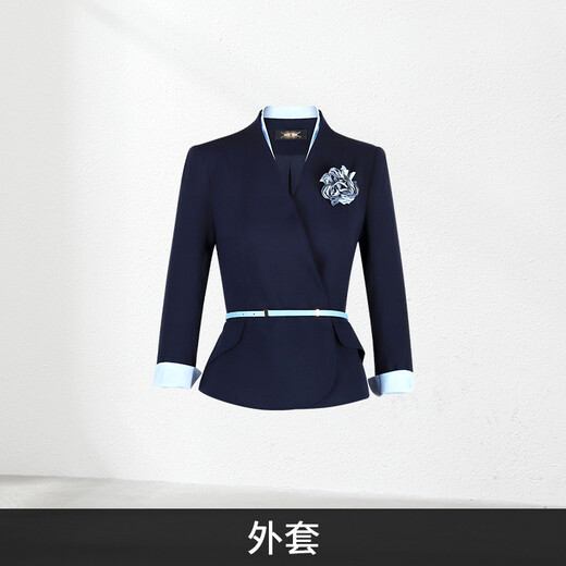 Luo Meng Professional Suit Formal Wear Women's Sales Department Work Clothes Interview Suit Hotel Front Desk Workwear Stewardess Uniform Summer Blue Collar Long Sleeve Navy Suit + Pants L