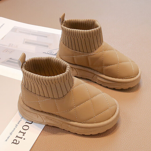 Muni children's velvet snow boots, stylish socks, short boots, bread shoes, 2025 winter new style, warm large cotton shoes for boys and girls, velvet thickened socks boots, khaki color, size 32, inner length 20cm