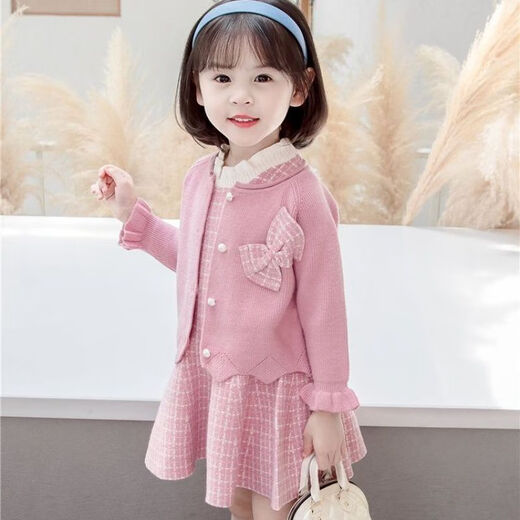 Radinka2025 new autumn and winter girls dress children's knitted plaid skirt baby girl stylish red princess dress TSB pink bow two-piece set without velvet 100 cm