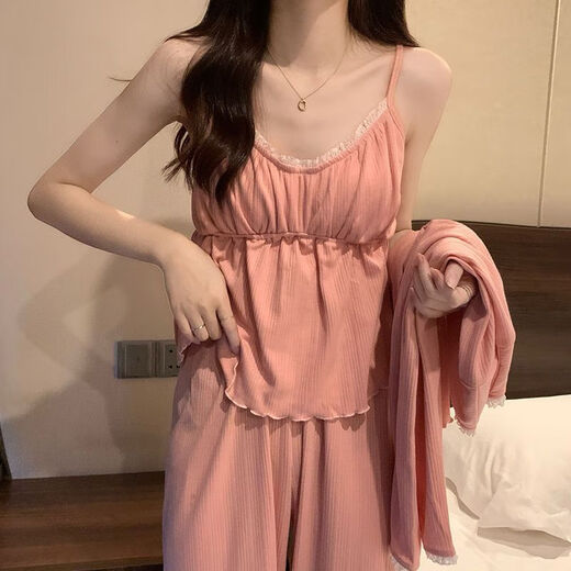 猫人四季款睡衣女纯棉2025年新款纯欲风甜美带胸垫简约蓝色三件套装 三件套 831 杏色 带胸垫可拆 M 建议80-95斤