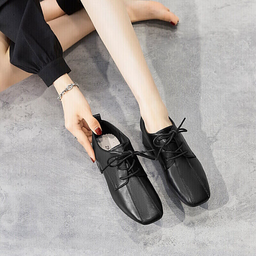 Zhr Chaussures célibataires pour femmes British Style MODERNE Square Toe High Heels Polydoule Mid-Heel épais talons hauts Chaussures en cuir profonde à lacets pour femmes Y557 Black 38