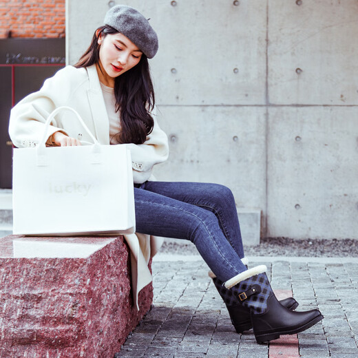 Very good (Jolly Walk) Winter waterproof and cold-resistant rain boots for women's non-slip water boots, fashionable outer wear velvet warm water shoes, new style plus velvet rain boots, blue plaid plus velvet warm JW322 37