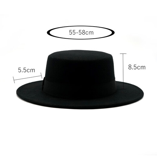 Orange Tart Retro British Style Black Ribbon Flat Top Hat Hepburn Gentleman Jazz Hat Flat Brim Woolen Wide Brim Men's and Women's Hat Flat Top Black One Size