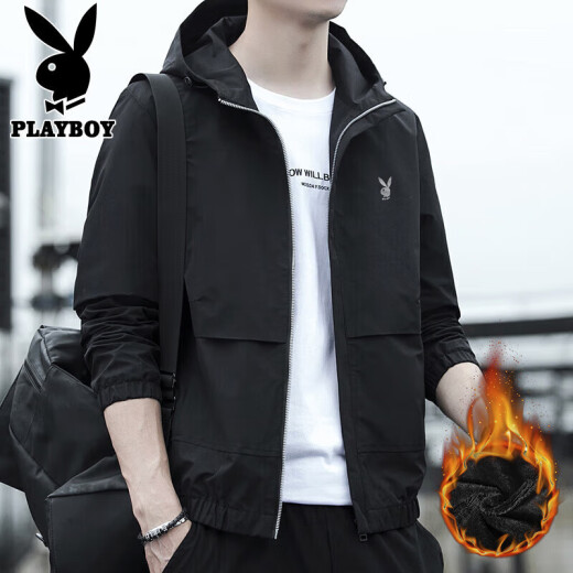 Playboy (PLAYBOY) jacket men's coat men's autumn men's hooded casual trendy work clothes black plus velvet L