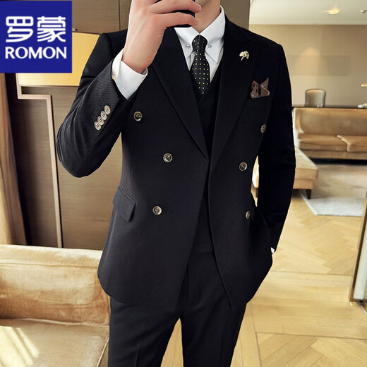 ROMON diagonal striped suit suit men's British business formal double-breasted groom's wedding thickened dress suit three-piece black (suit + pants + vest) XL 52 Reference 125-135Jin Jin is equal to about 0.5 kg