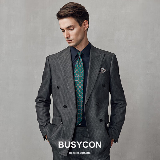 BUSYCON Suit Men's Business Professional Formal Groom Wedding Dress British Style Double-Breasted Striped Suit Men's Gray Black (Top + Vest + Pants) Double-breasted 46