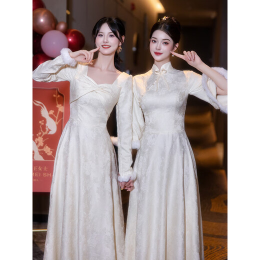 创京懿选伴娘服秋冬款中式2024新款姐妹团晚礼服裙女宴会气质平时可穿冬季 香槟色A中式两件套 襟1098 L