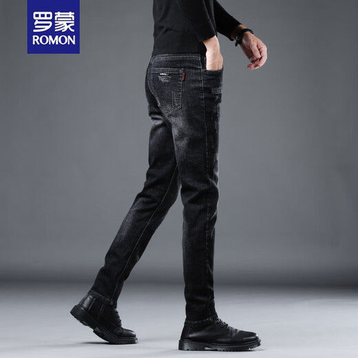 Romon Autumn Jeans negros de alta gama Pantalones delgados de las patas delgadas de los hombres que susurra versátil elástico de moda