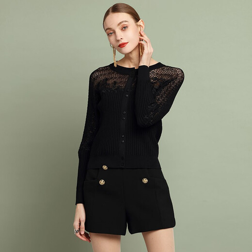 Pipi Dog New Summer Three-dimensional Relief Machine Embroidered Hollow Beaded Knitted Jacket Women's Cardigan 701 Black L (165)