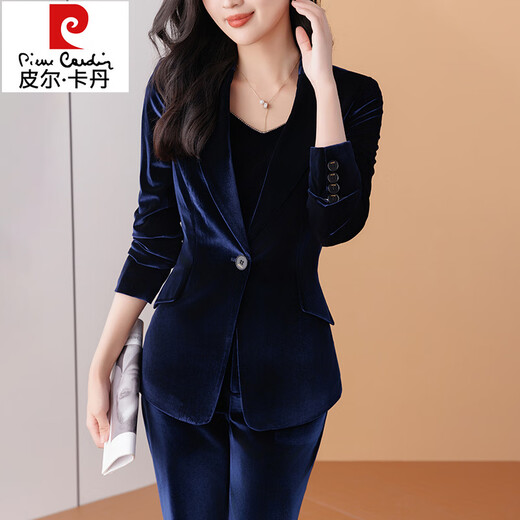 Pierre Cardin high-end gold velvet blazer new style 2025 spring and autumn temperament feminine fashion suit bell-bottom suit blue suit + blue suspenders + pants S