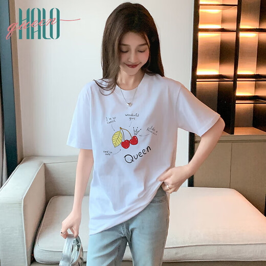 Halo Queen短袖T恤女夏季薄款休闲宽松圆领上衣樱桃涂鸦印花T恤H143T1591